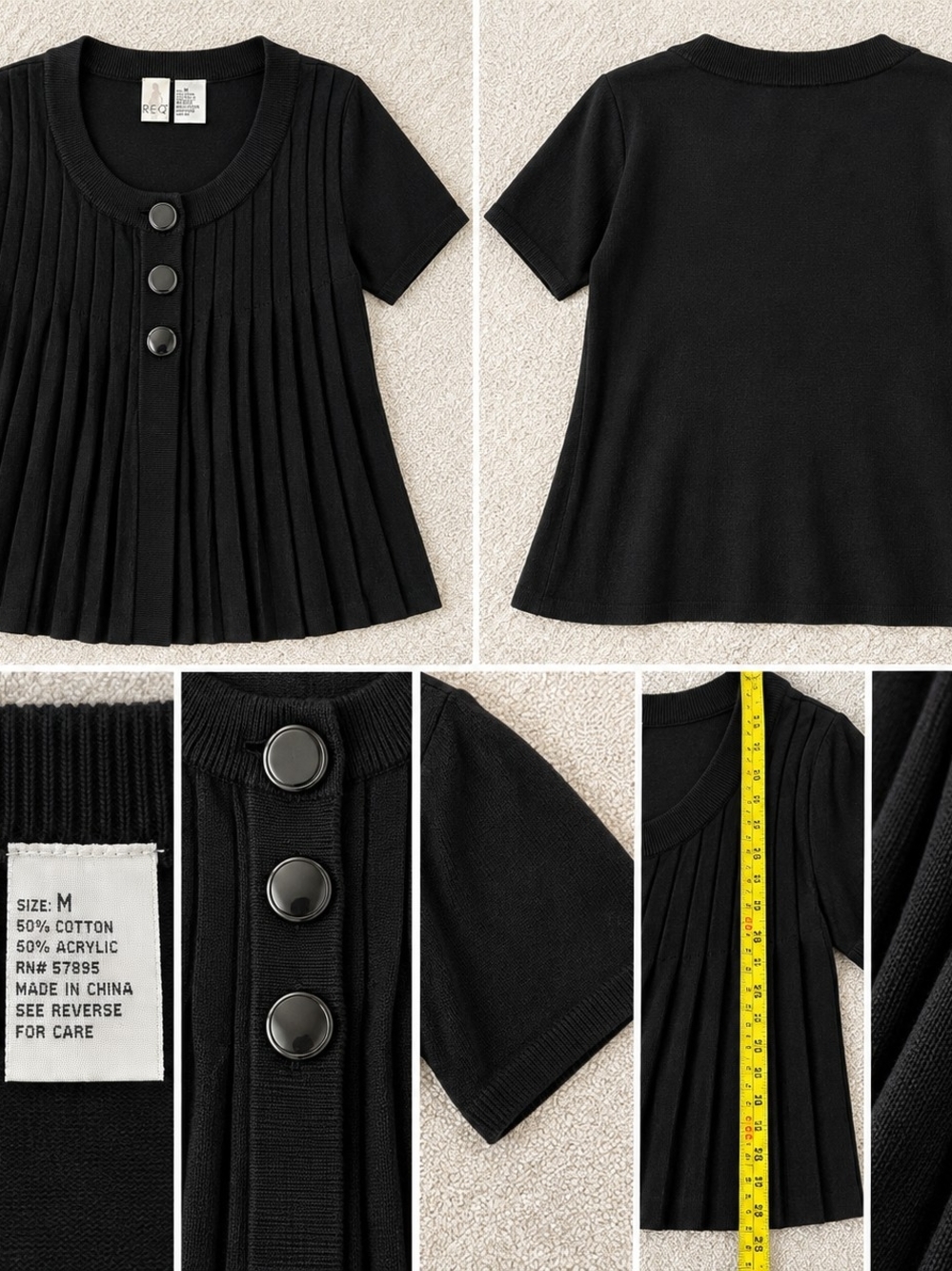 Kids Black Pleated Short-Sleeve Knit Top with Button Front